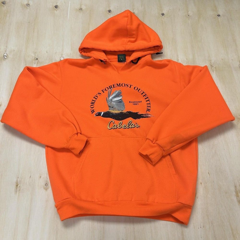 Cabela's Hoodie Mens Large Orange Fleece Pullover Graphic Hunting Sweatshirt